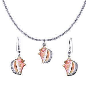 Conch Shell Necklace and Earring Set - Sterling Silver with Enamel and White Topaz
